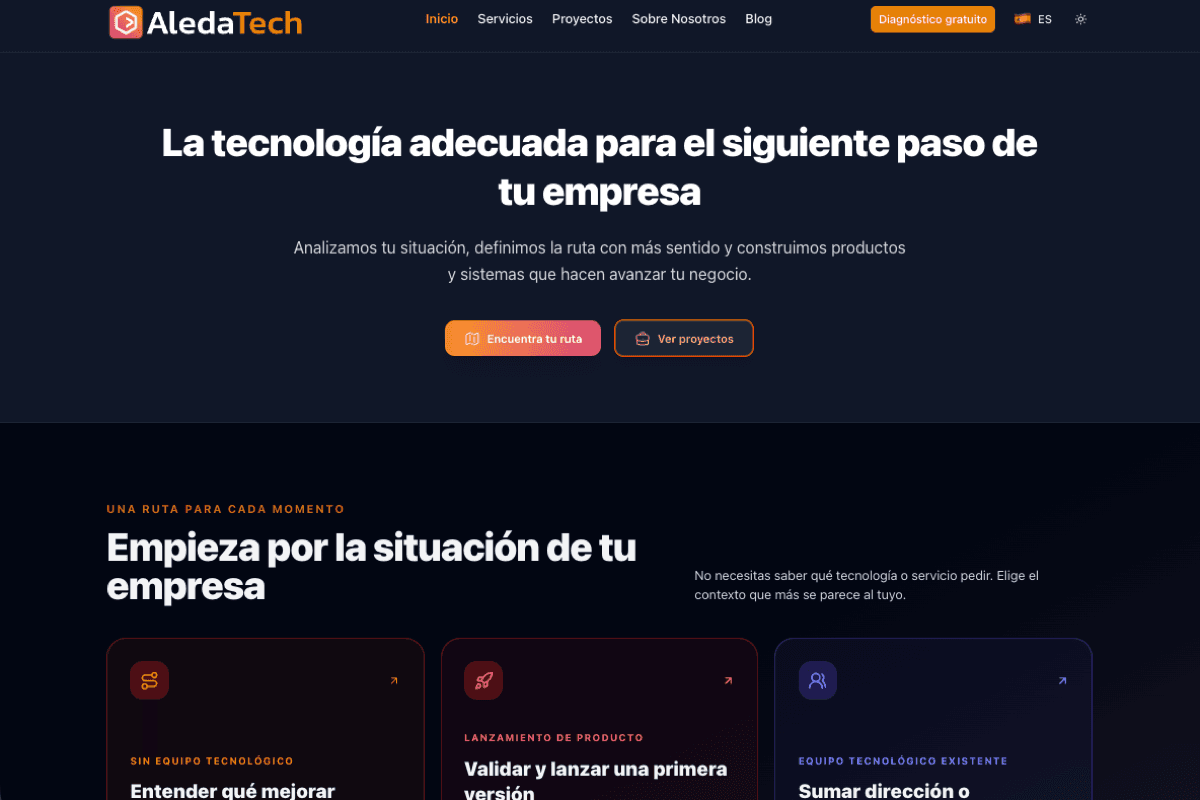 AledaTech homepage with the headline The right technology for your company's next step