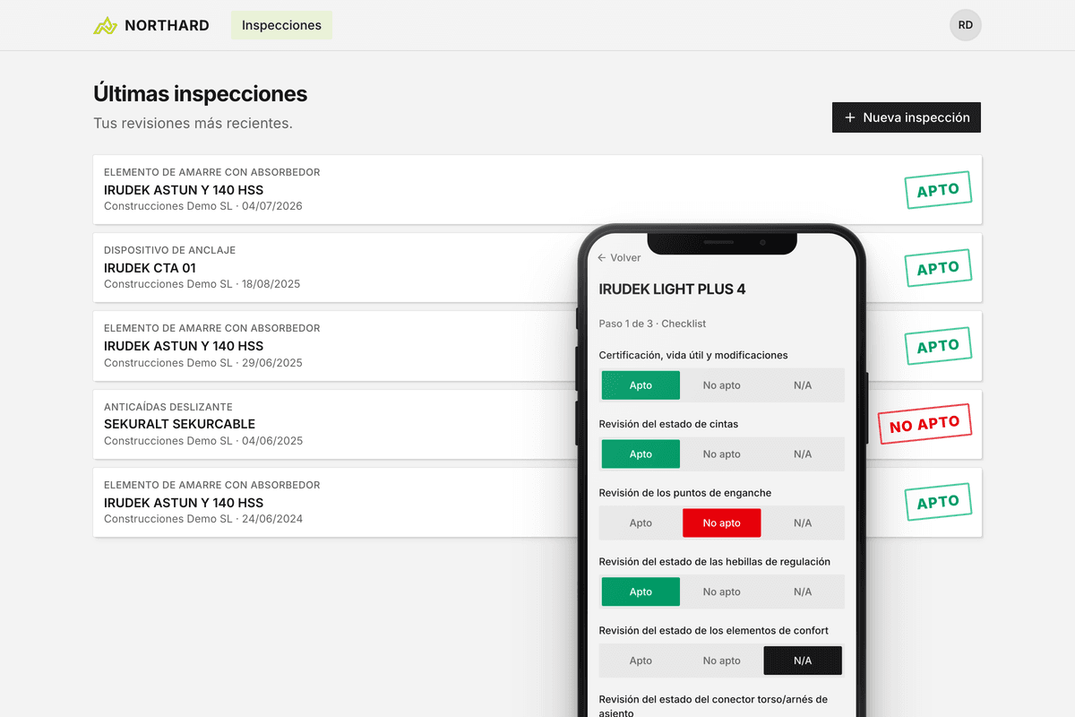 Inspection list with Pass and Fail stamps next to the checklist on mobile