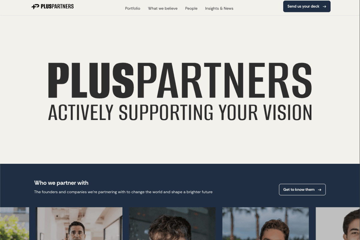 Portada de PlusPartners con el titular Actively supporting your vision y el arranque del portfolio